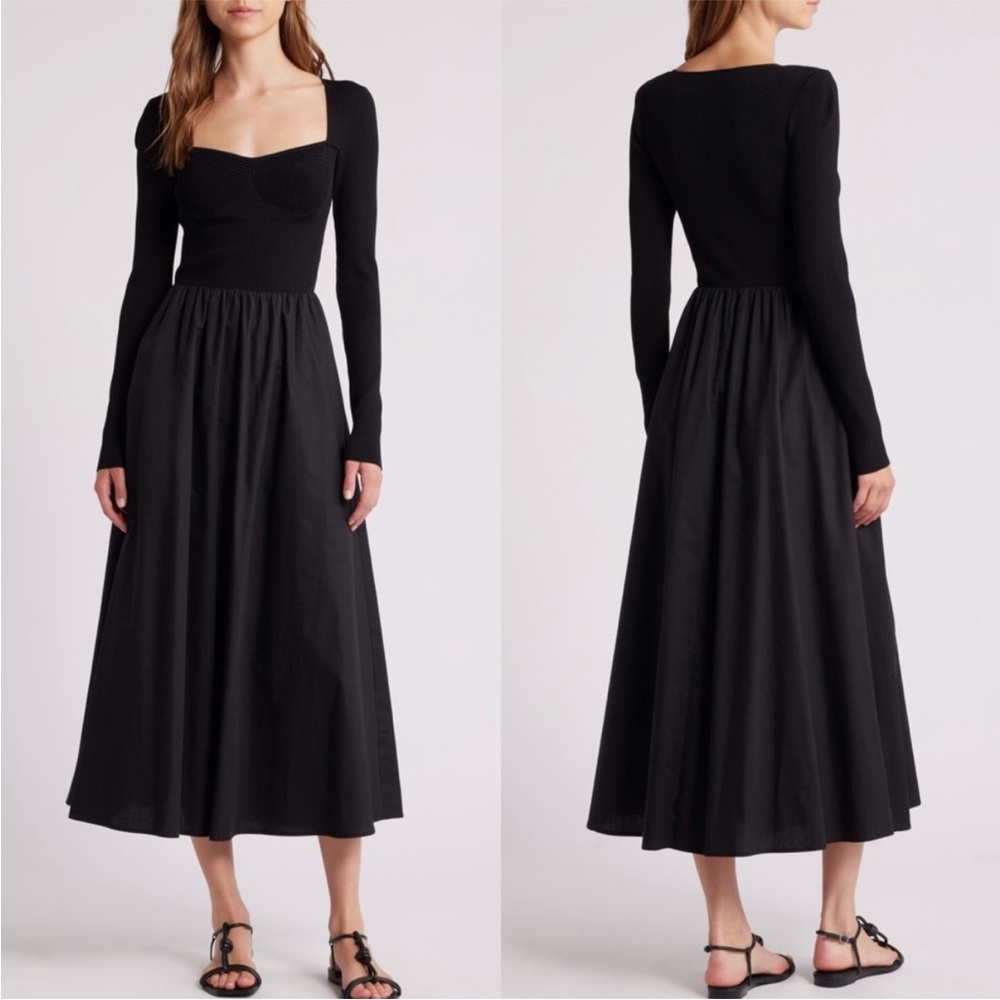 Moon River Mixed Media Dress Black Ribber Long Sleeve Midi Dress